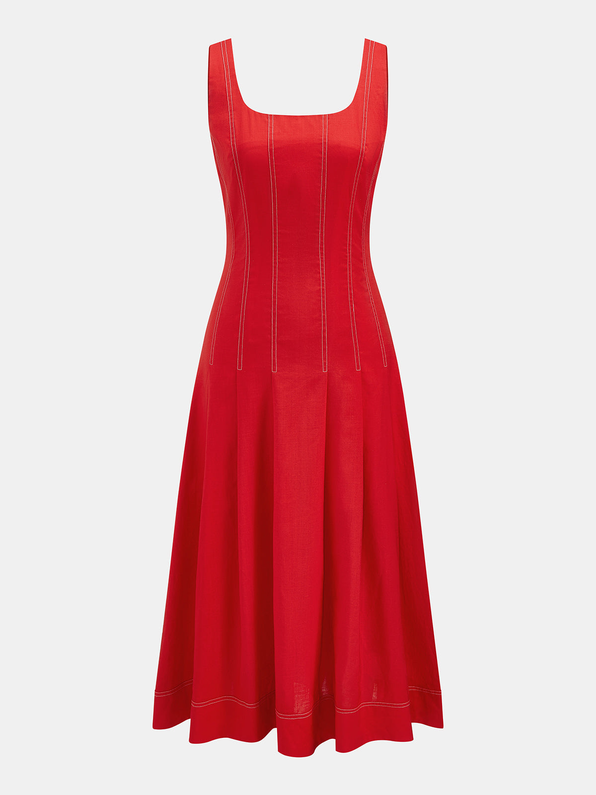 Vestido Largo Vaporoso con Escote Cuadrado y Pespuntes