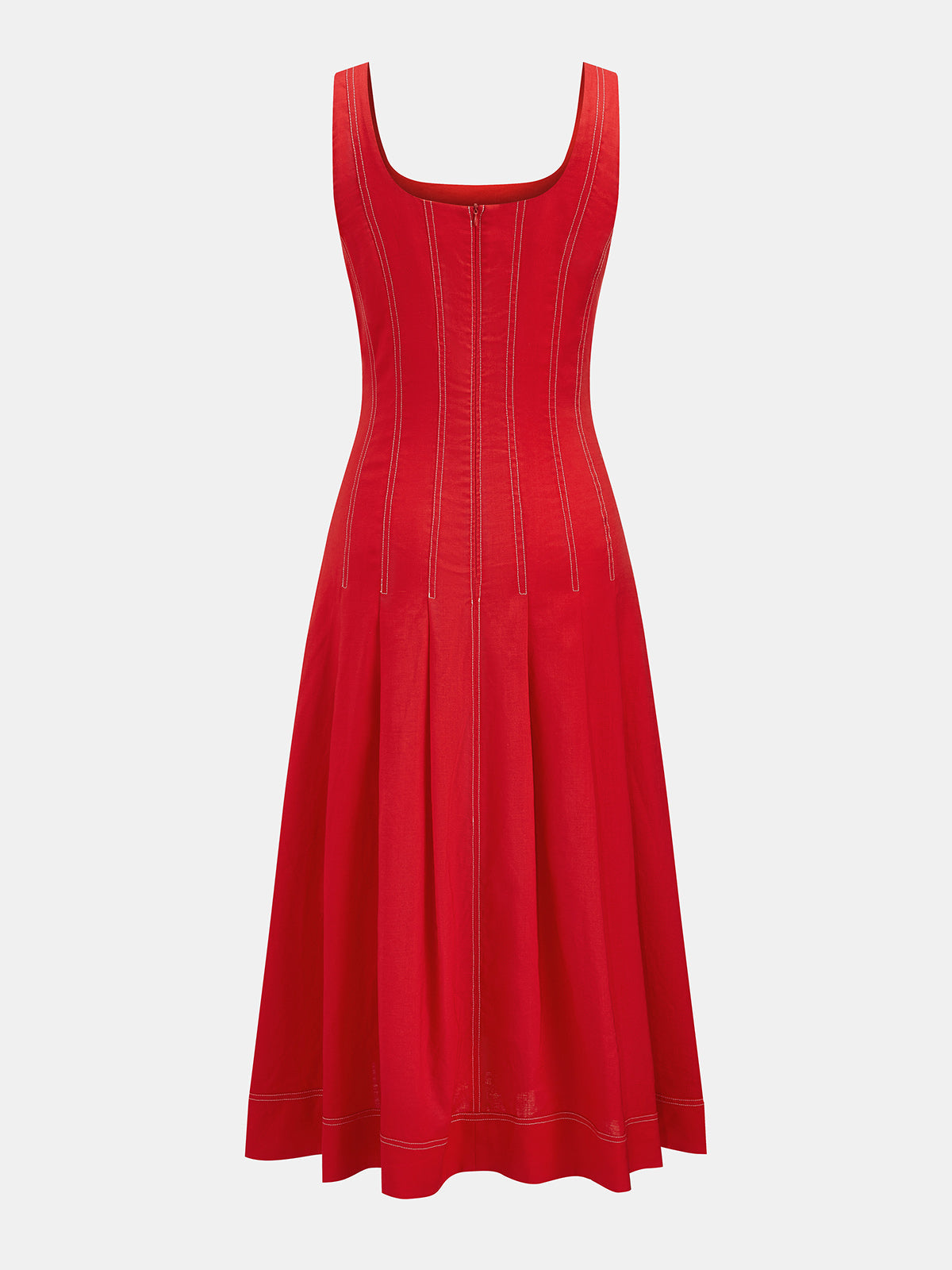 Vestido Largo Vaporoso con Escote Cuadrado y Pespuntes