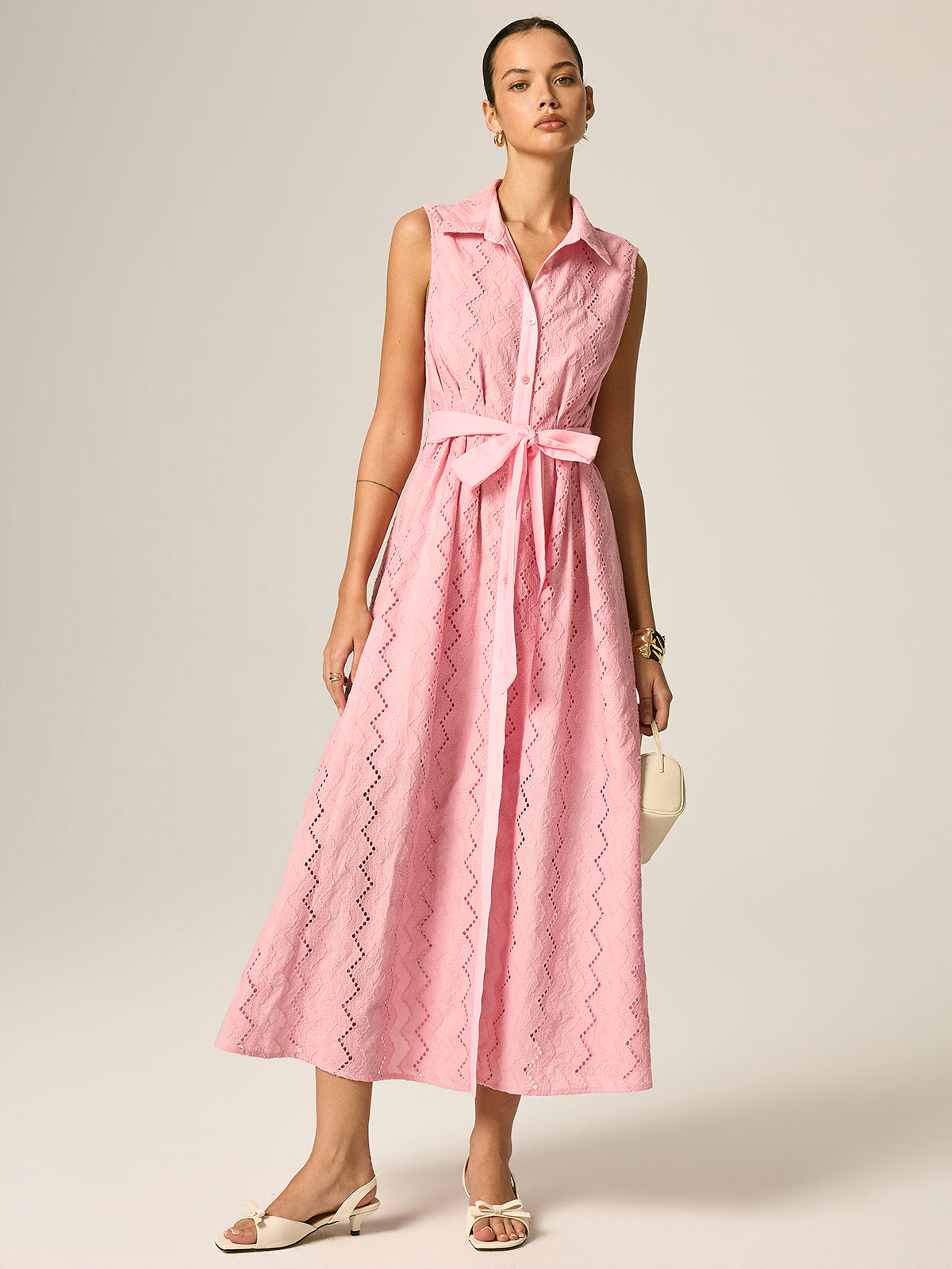 Vestido Largo Camisero Sin Mangas con Bordado Calado y Cinturón