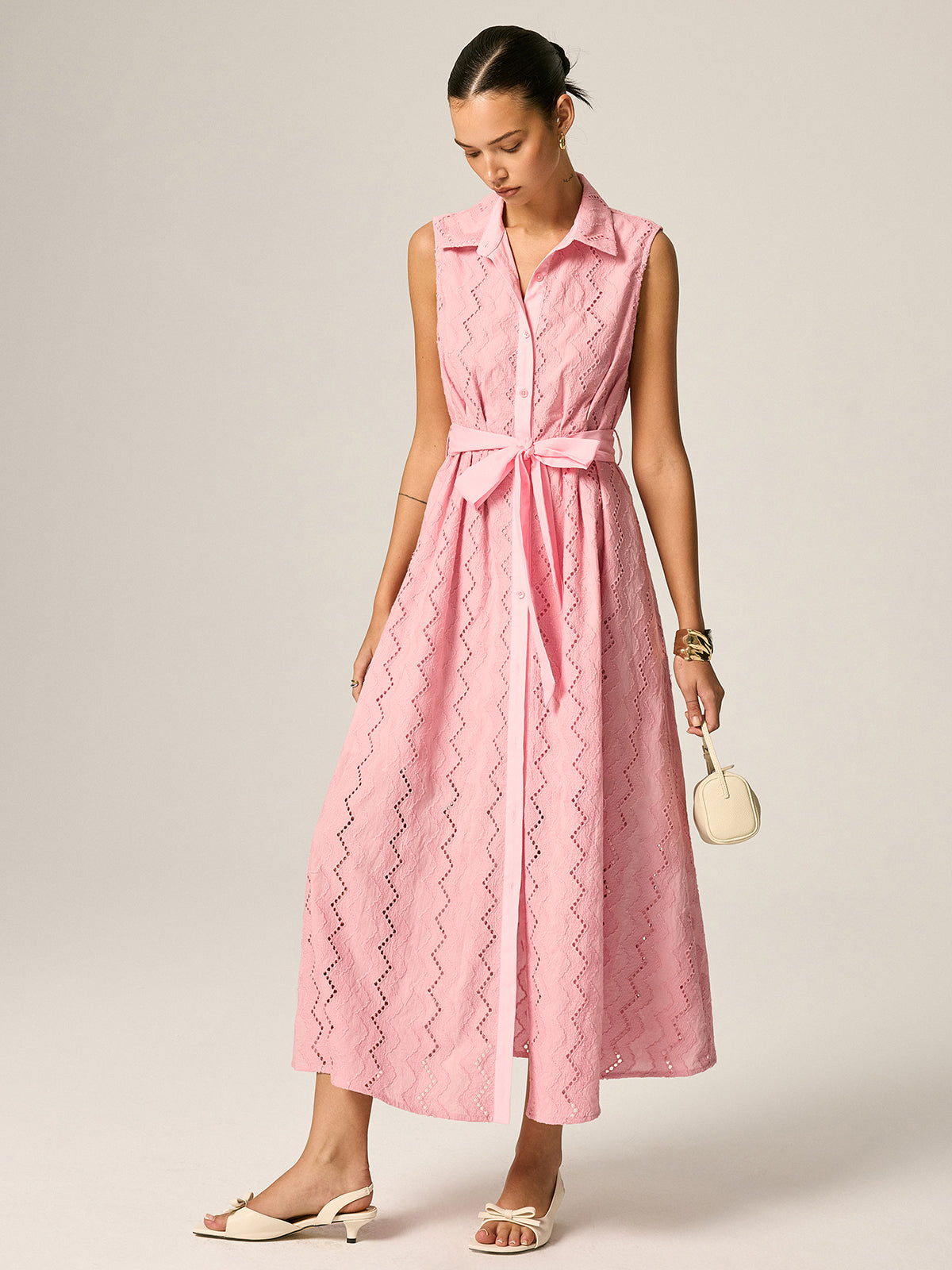 Vestido Largo Camisero Sin Mangas con Bordado Calado y Cinturón