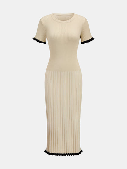 Vestido Midi Ajustado de Canalé con Volante