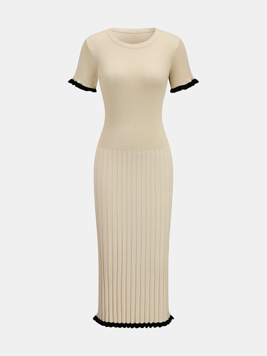 Vestido Midi Ajustado de Canalé con Volante