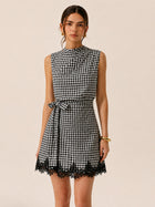 Vestido mini de cuadros vichy con lazo y ribete de encaje