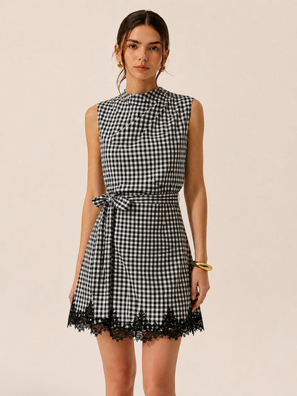 Vestido mini de cuadros vichy con lazo y ribete de encaje | Alice Lune