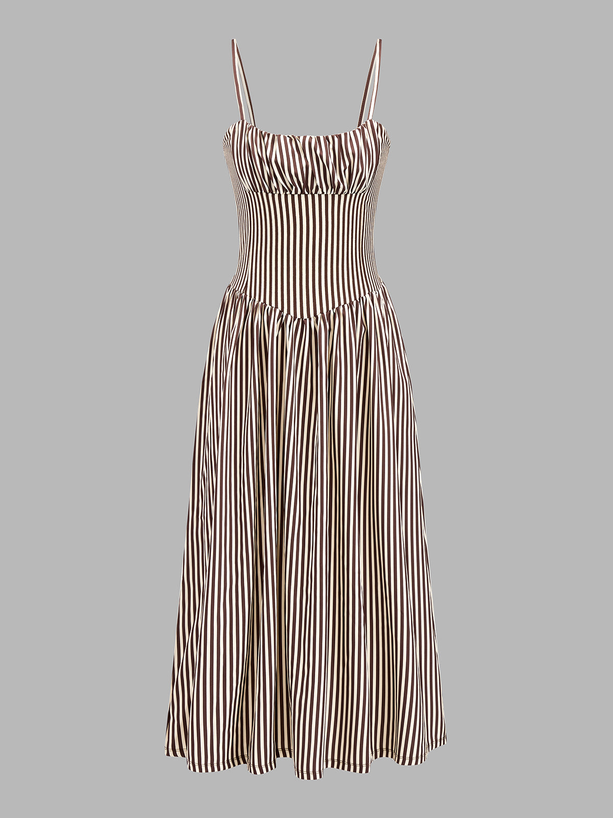 Vestido midi de tirantes a rayas con pecho fruncido