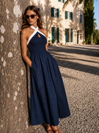 Vestido midi halter color block con abertura