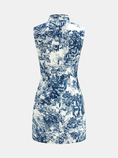 Vestido mini sin mangas con estampado toile y botones de alamar