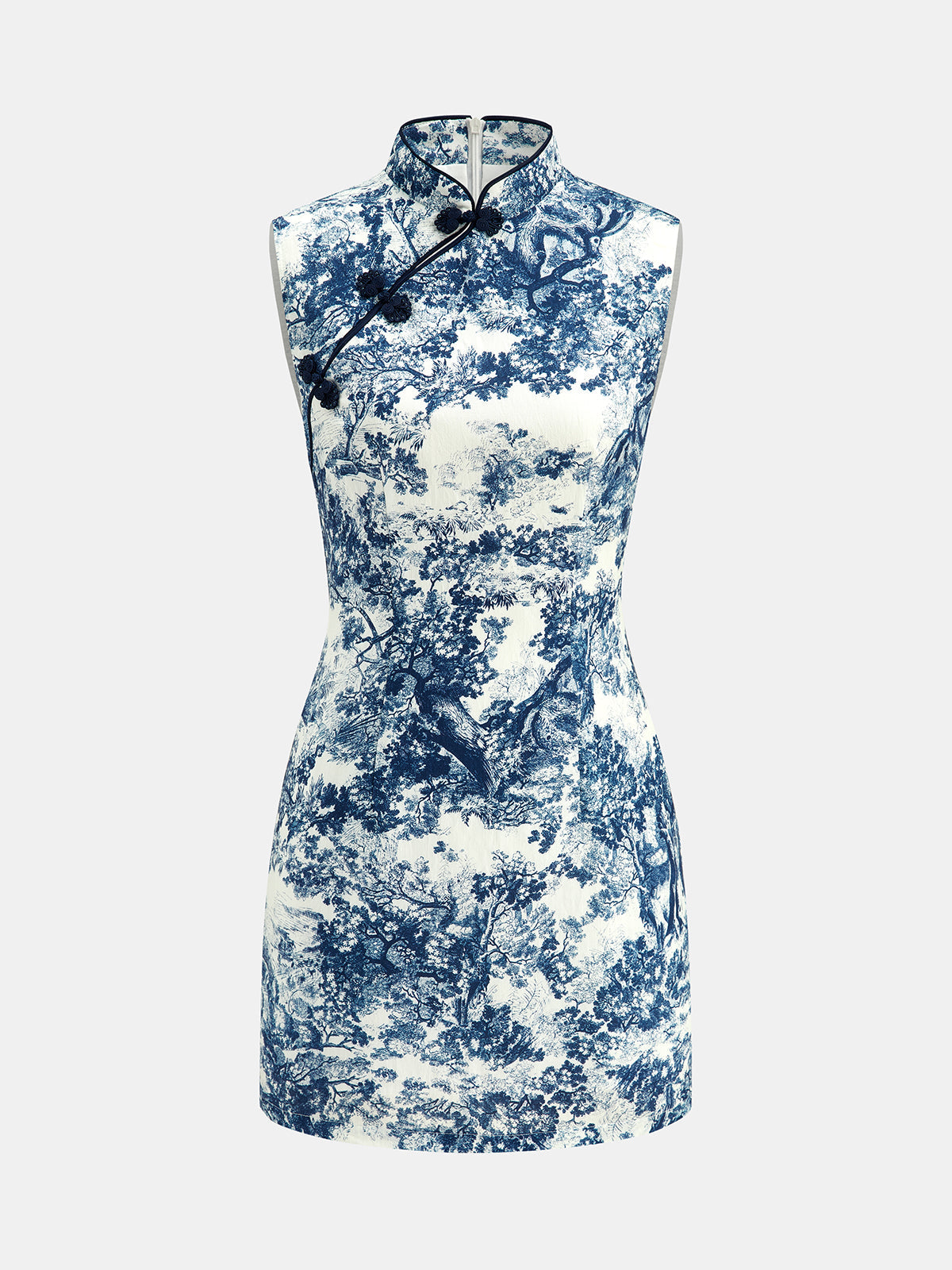 Vestido mini sin mangas con estampado toile y botones de alamar