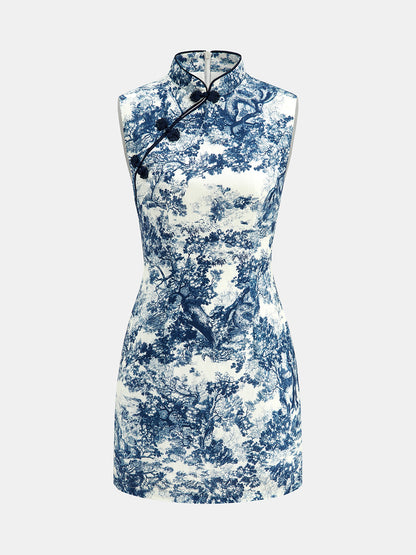 Vestido mini sin mangas con estampado toile y botones de alamar