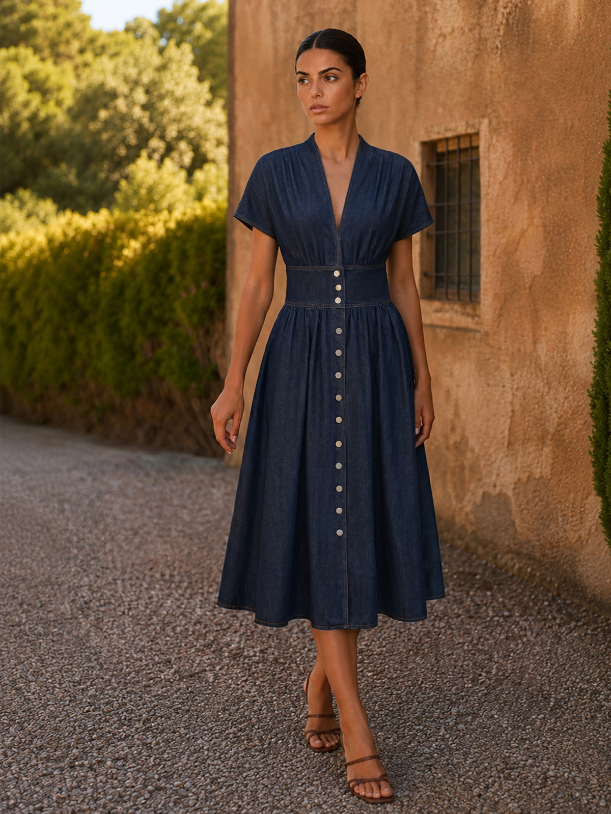 Vestido Largo Vaquero con Escote en V y Botones