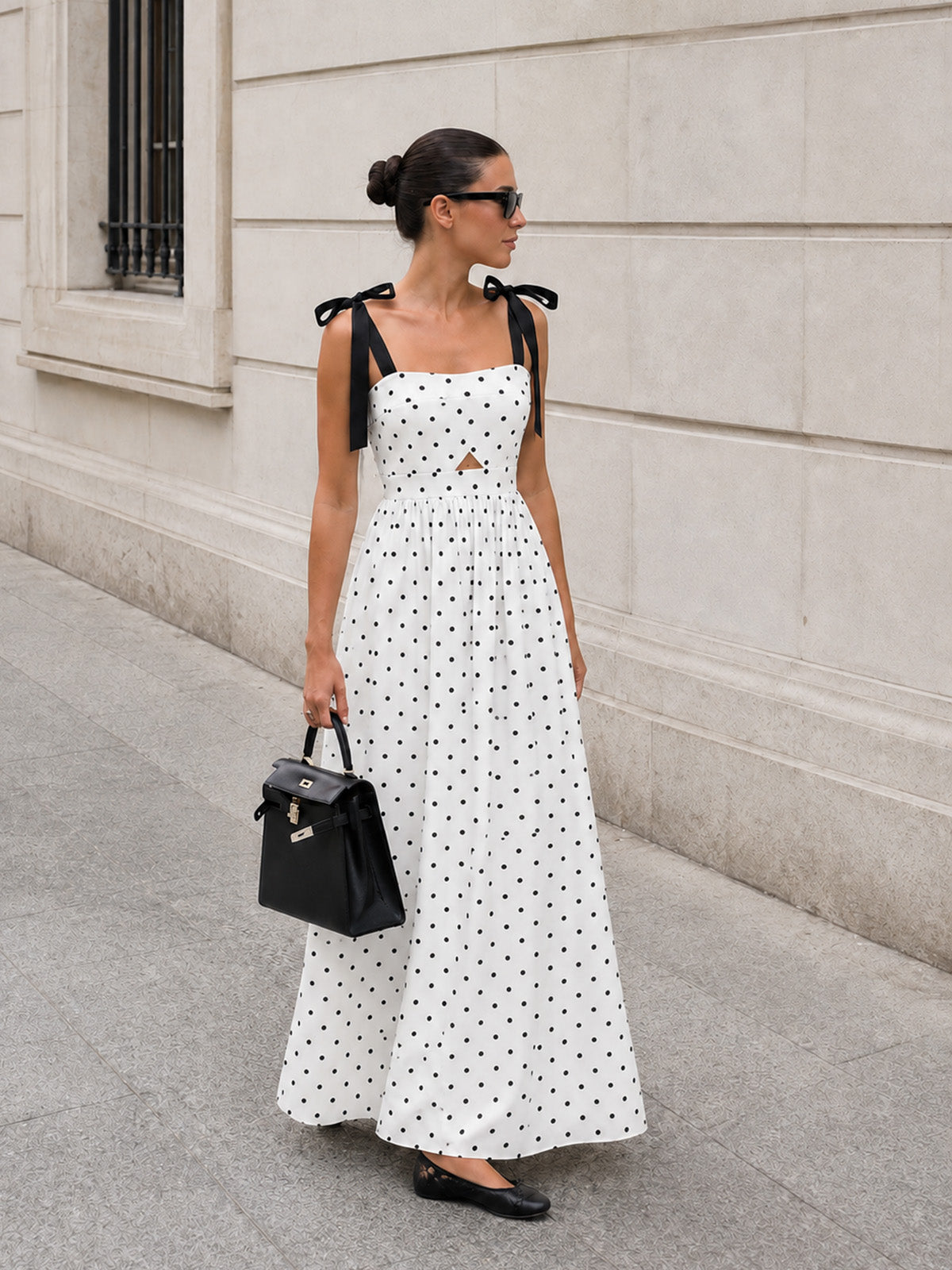 Vestido Lencero Midi de Lunares con Tirantes de Lazo