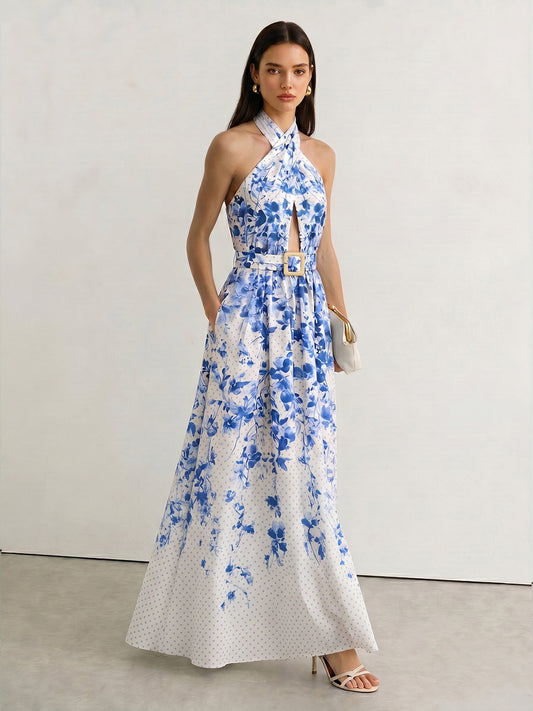 Vestido largo halter con estampado floral de lunares y cinturón
