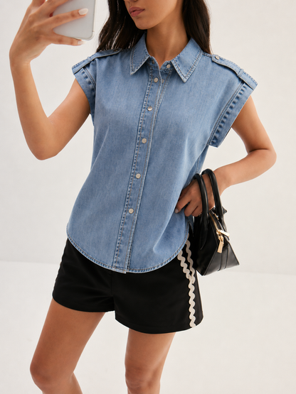 Camisa Vaquera Sin Mangas con Charreteras y Botones Metálicos
