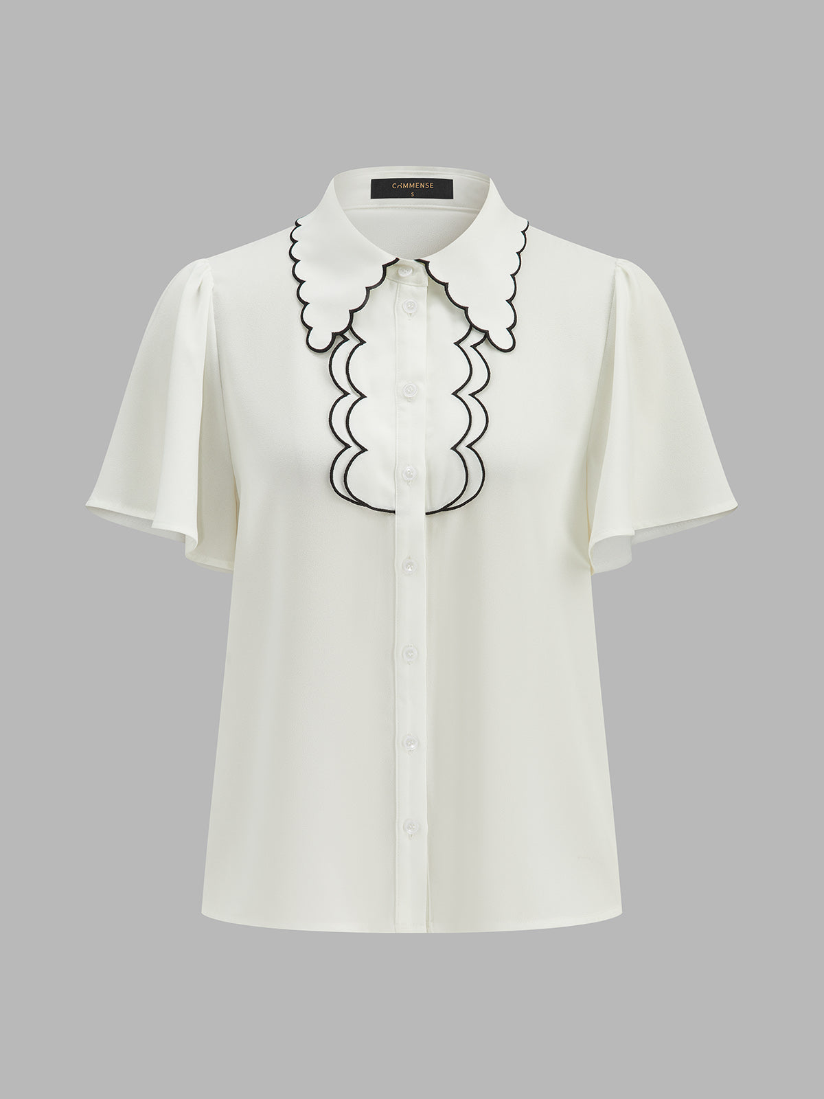 Blusa de manga farol con borde ondulado en contraste