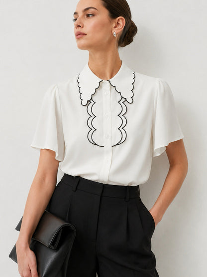 Blusa de manga farol con borde ondulado en contraste | Alice Lune