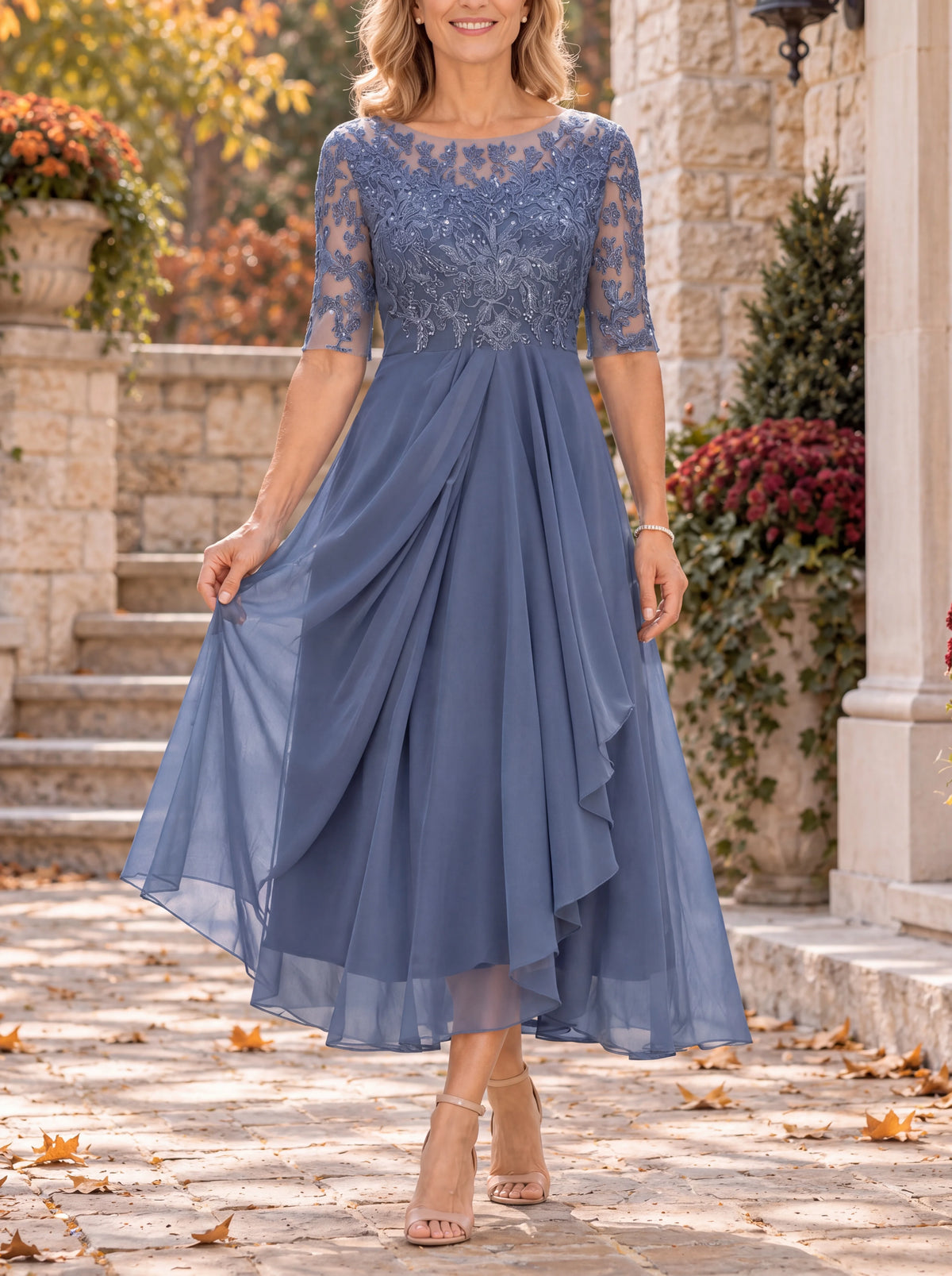 Avi | Vestido midi drapeado con cuerpo de encaje