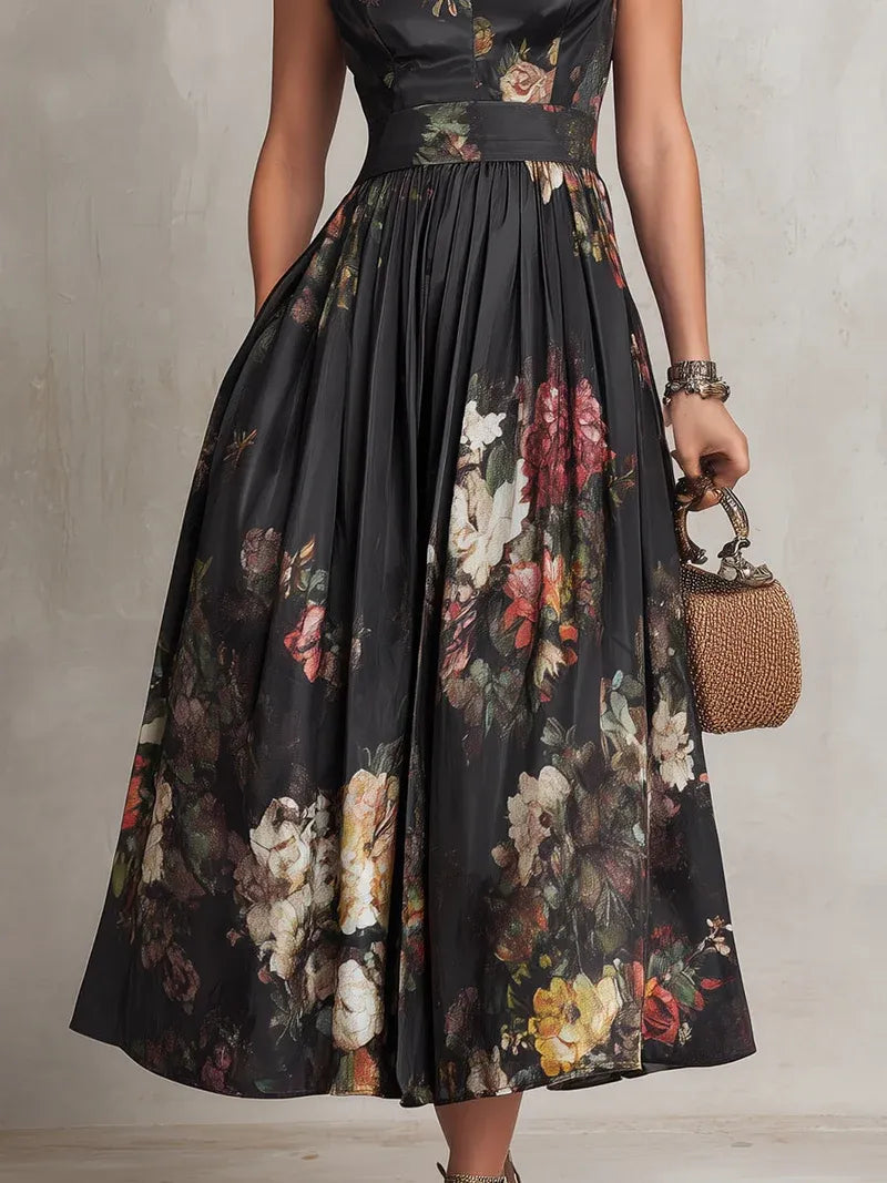 Vestido midi de satén plisado con cuello en forma de llave