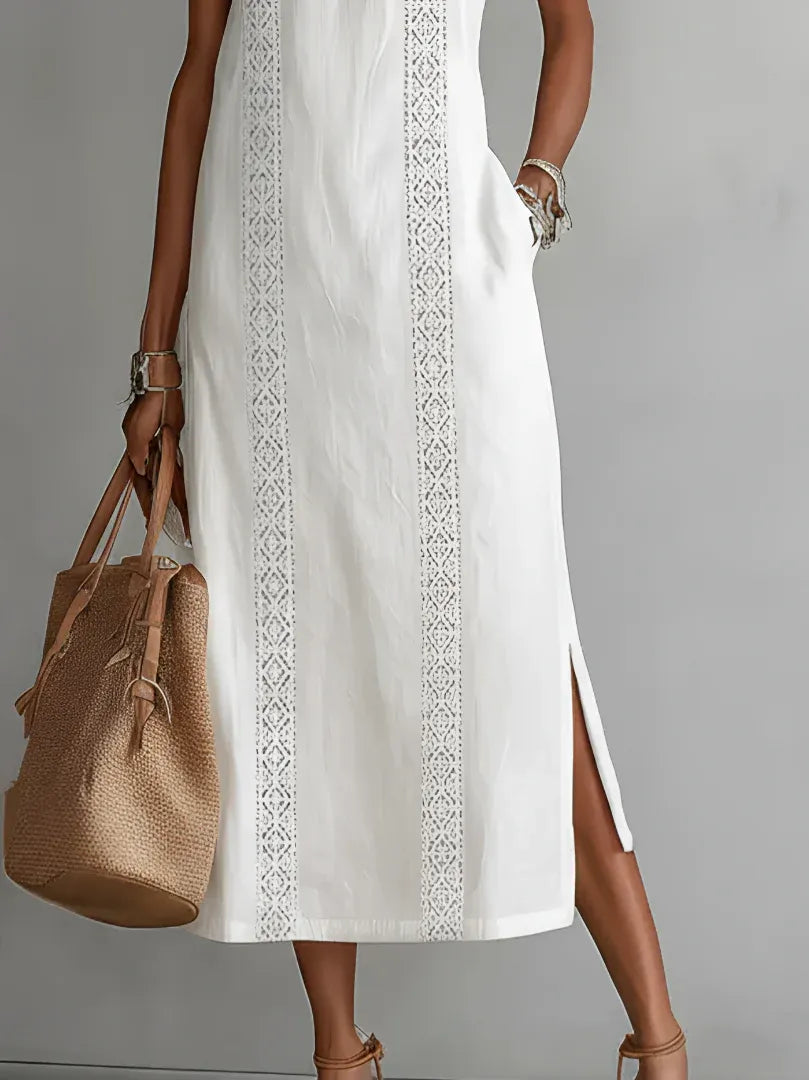 Jimena | Vestido midi holgado con cuello mao bordado