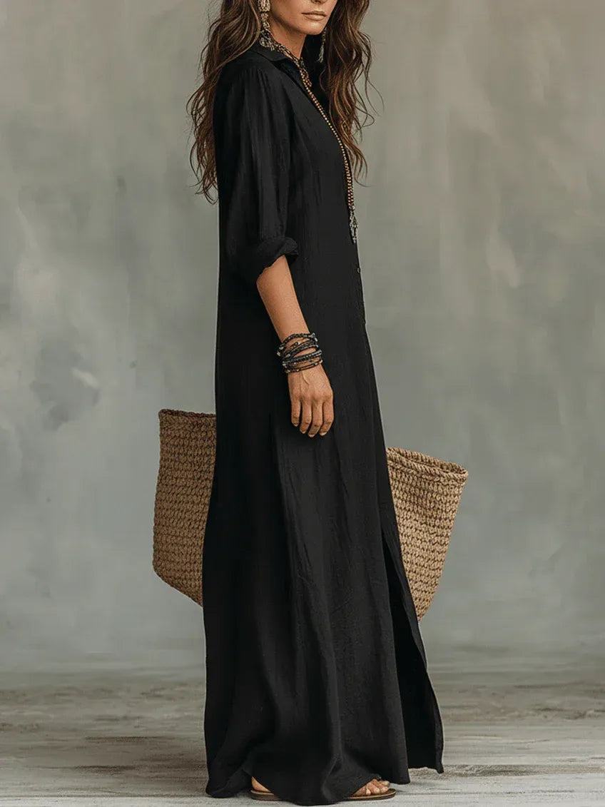 Alessia | Vestido largo negro suave con botones