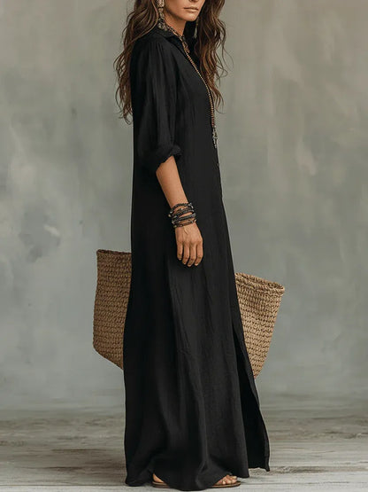 Alessia | Vestido largo negro suave con botones