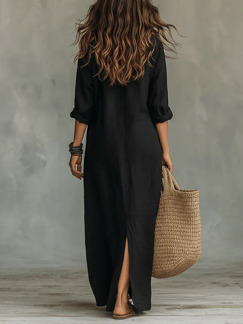Alessia | Vestido largo negro suave con botones