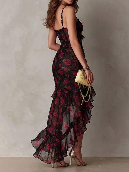 Vestido elegante negro y rojo con flores y volantes