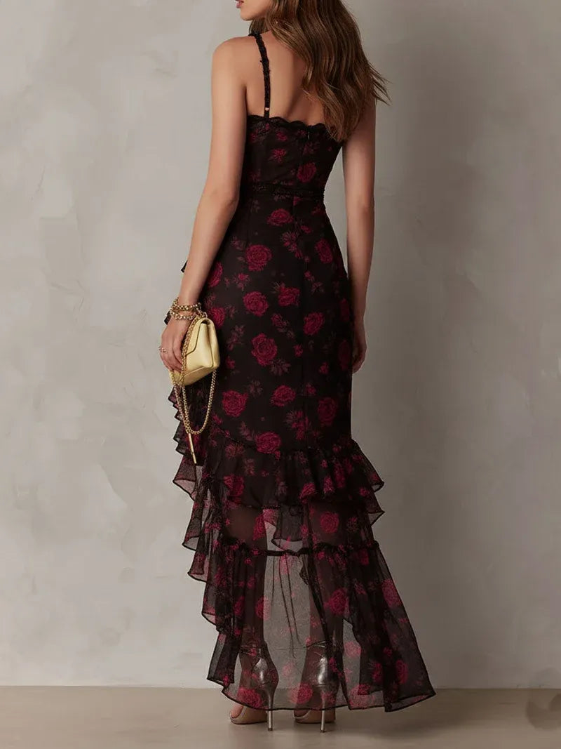 Vestido elegante negro y rojo con flores y volantes