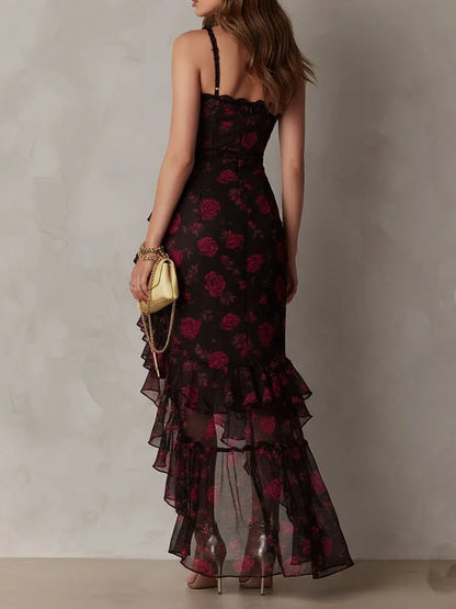 Vestido elegante negro y rojo con flores y volantes