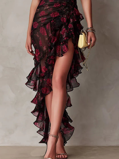 Vestido elegante negro y rojo con flores y volantes