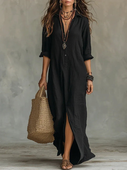 Alessia | Vestido largo negro suave con botones