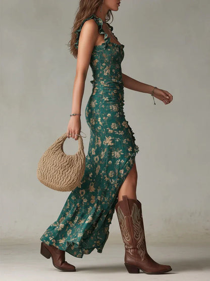 Vestido largo estampado verde de estilo bohemio con mangas con volantes