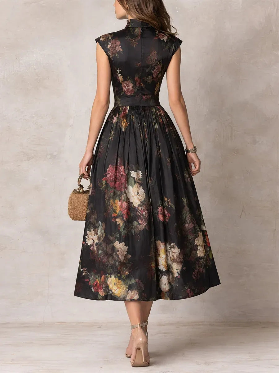 Vestido midi de satén plisado con cuello en forma de llave
