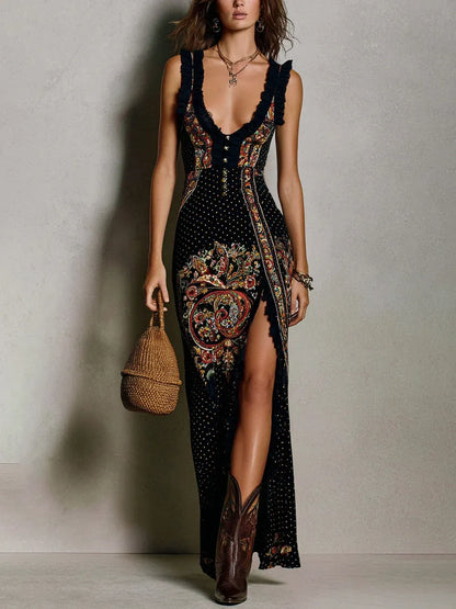 Vestido estampado de estilo bohemio con escote en V pronunciado