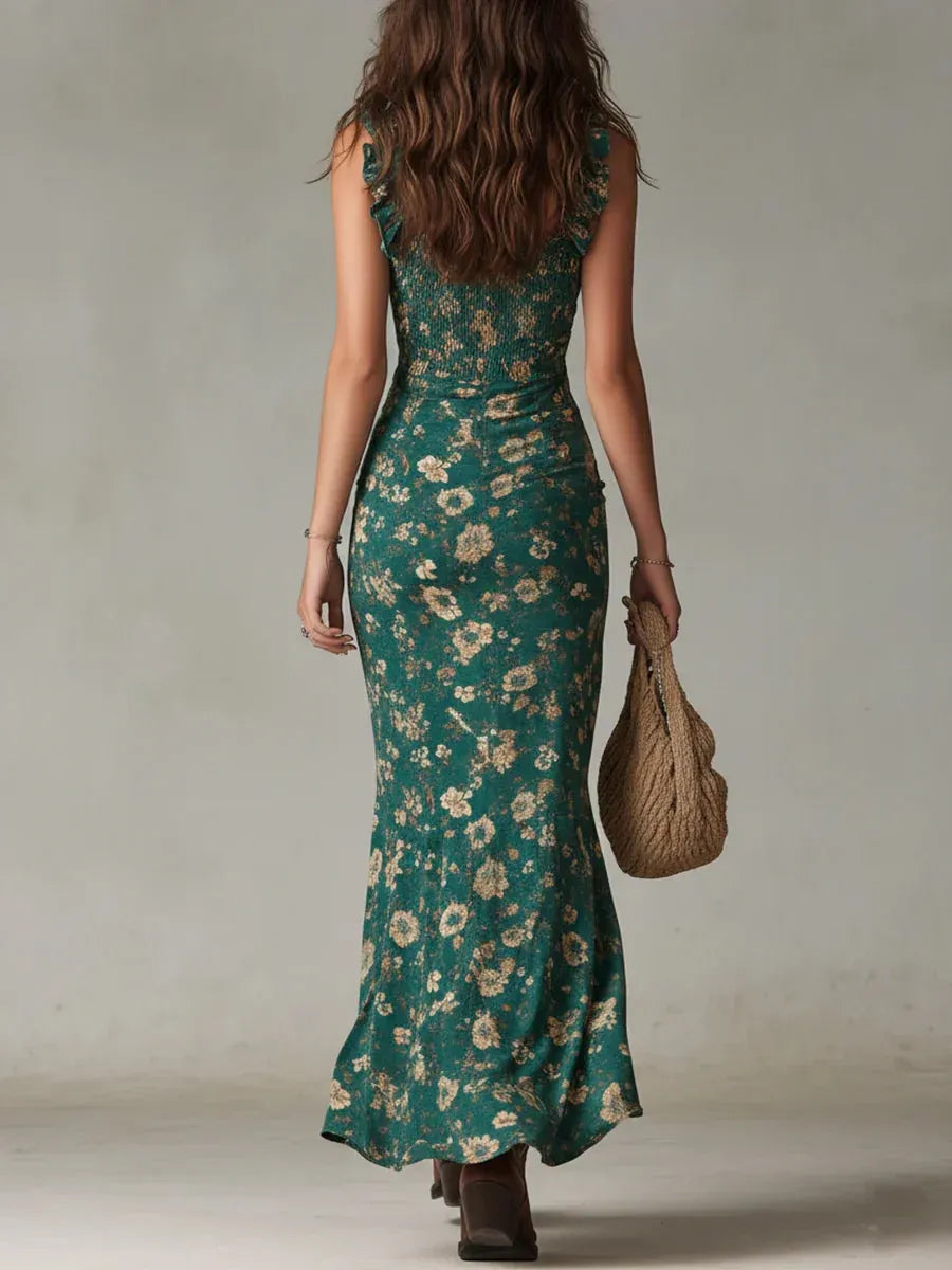 Vestido largo estampado verde de estilo bohemio con mangas con volantes