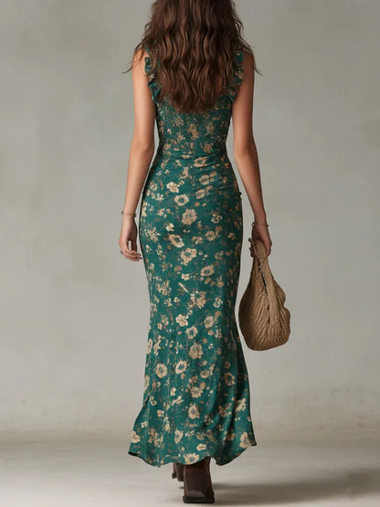 Vestido largo estampado verde de estilo bohemio con mangas con volantes