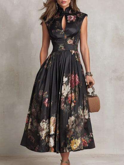 Vestido midi de satén plisado con cuello en forma de llave