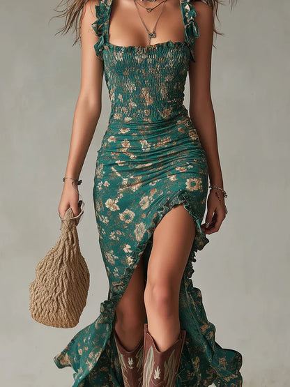 Vestido largo estampado verde de estilo bohemio con mangas con volantes
