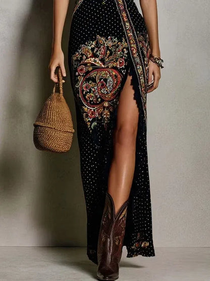 Vestido estampado de estilo bohemio con escote en V pronunciado