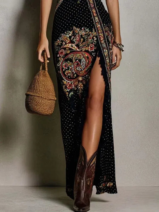 Vestido estampado de estilo bohemio con escote en V pronunciado